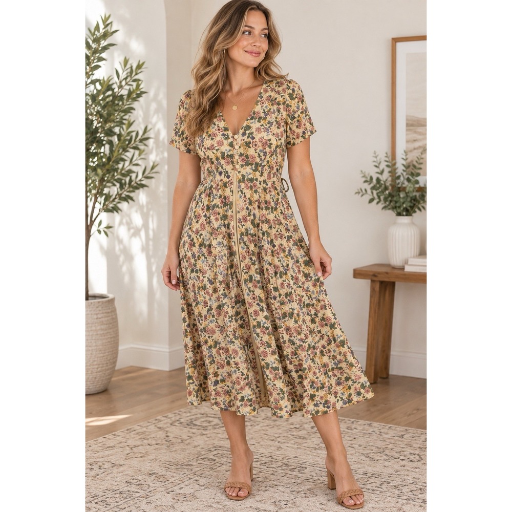 VTG 90s Jamie Brooke Floral Rayon Midi Dress M Cottagecore Prairie Boho -3254